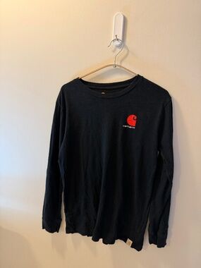 Carhartt Logo Long Sleeve T Shirt Black Red Spellout Sleeve L 14/16